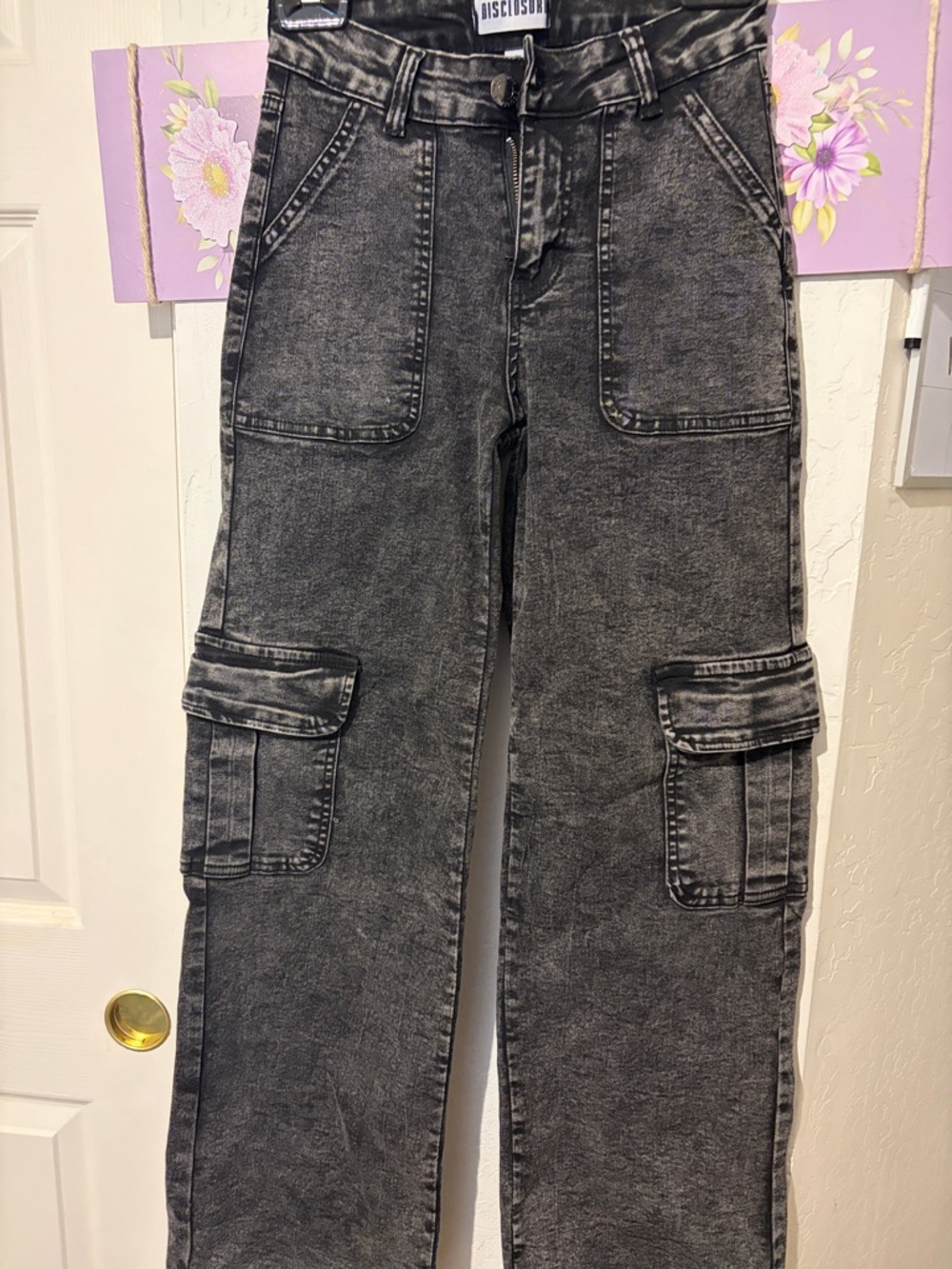 Disclosure Black Acid Wash Wide Leg Cargo Jeans size 1